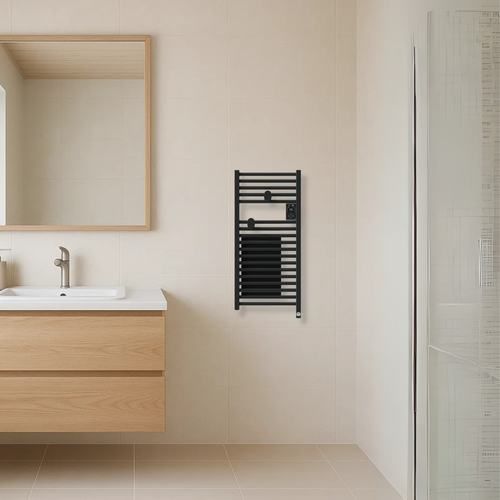 Sèche serviettes connecté étroit avec soufflerie Thermor Riva 5 1300W noir carbone - photo salle de bain