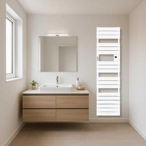 Sèche serviette électrique étroit avec soufflerie Thermor Riviera 2 1500W blanc satin - photo ambiance salle de bain