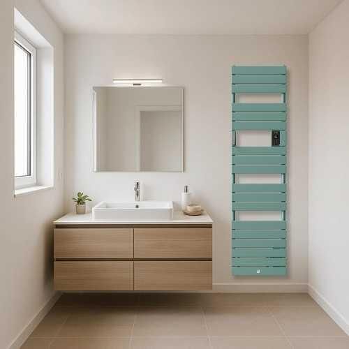 Sèche serviette électrique étroit avec soufflerie Thermor Riviera 2 1500W vert eucalyptus - photo ambiance salle de bain