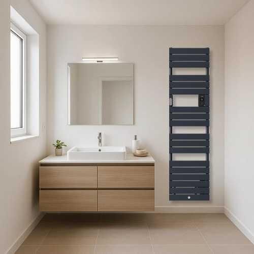 Sèche serviette électrique étroit avec soufflerie Thermor Riviera 2 1500W gris ardoise - photo ambiance salle de bain