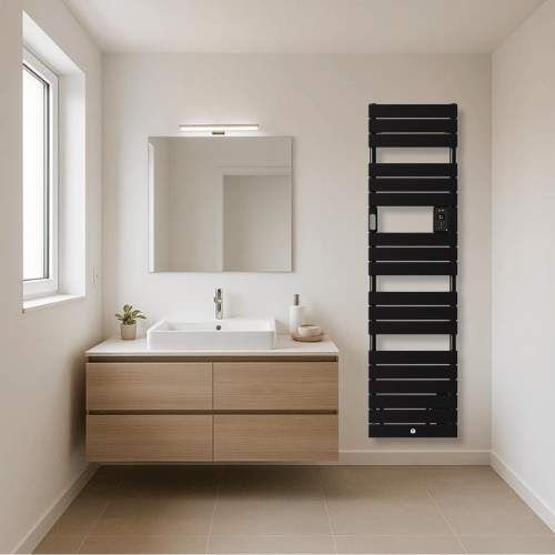 Sèche serviette électrique étroit avec soufflerie Thermor Riviera 2 1500W noir carbone - photo ambiance salle de bain