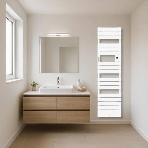 Sèche serviette électrique étroit avec soufflerie Thermor Riviera 2 1750W blanc satin - photo ambiance salle de bain