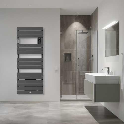 Sèche serviette électrique avec soufflerie Thermor Riviera 2 1500W gris menhir - photo ambiance salle de bain
