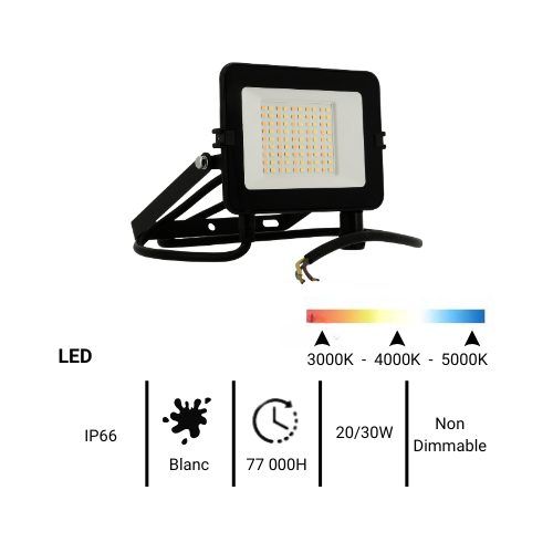 Projecteur extérieur LED extra plat TCIAO 230V 20W/30W 2270lm à 3730lm 3CCT noir réf.TLS8040 - fiche technique