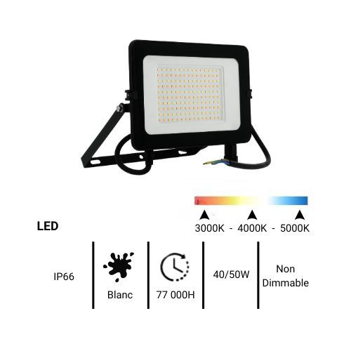 Projecteur extérieur LED extra plat TCIAO 230V 40W/50W 4580lm à 5800lm 3CCT noir réf. TLS8041 - fiche technique