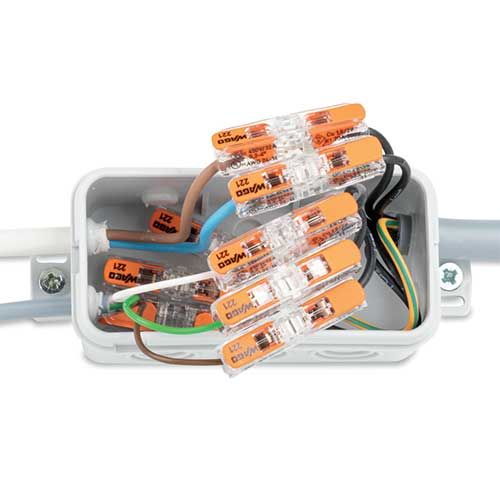 Mini borne de connexion rapide WAGO S221 InLine - photo des bornes dans boîte de dérivation