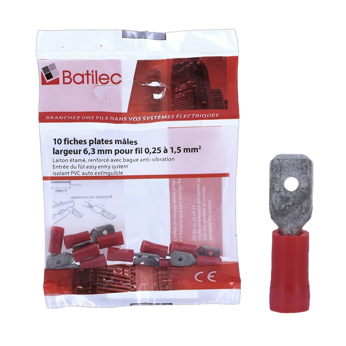 BATILEC Cosses plates mâles rouges 0,25 à 1,5 mm²- Lot de 10 - 030465