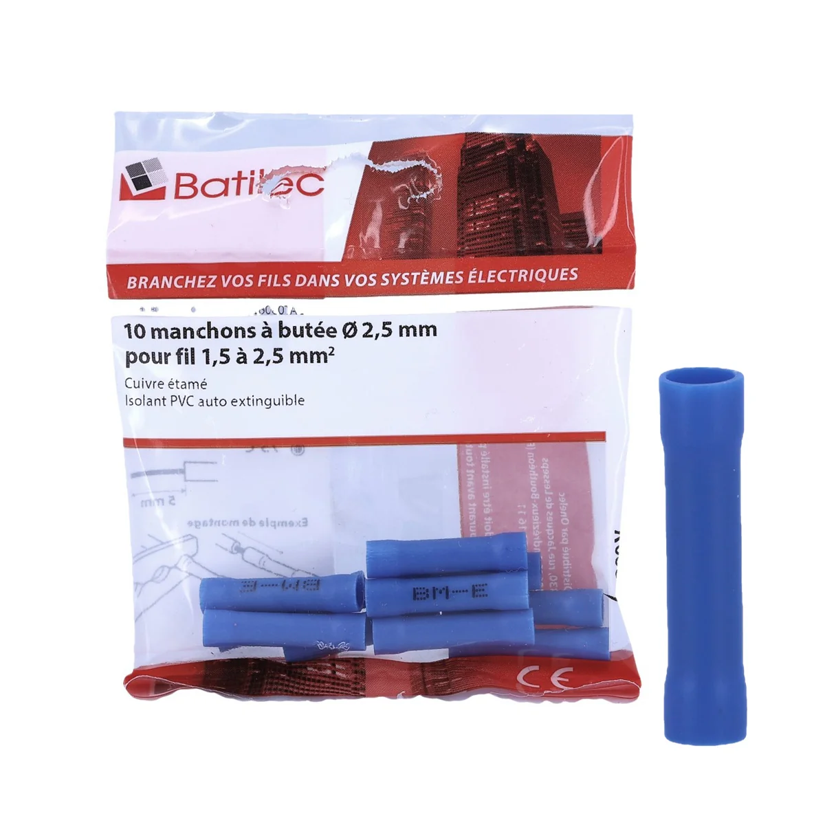 BATILEC Manchons à butée bleus 1,5 à 2,5 mm² longueur 26 mm - Lot de 10 - 030625