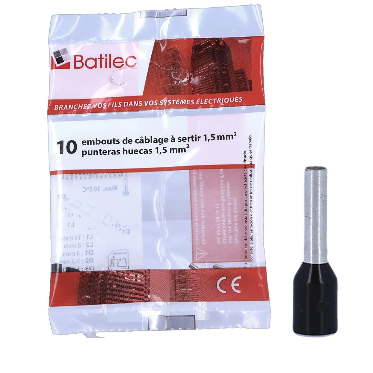 BATILEC Embouts de câblage noirs 1,5 mm²- Lot de 10 - 044998