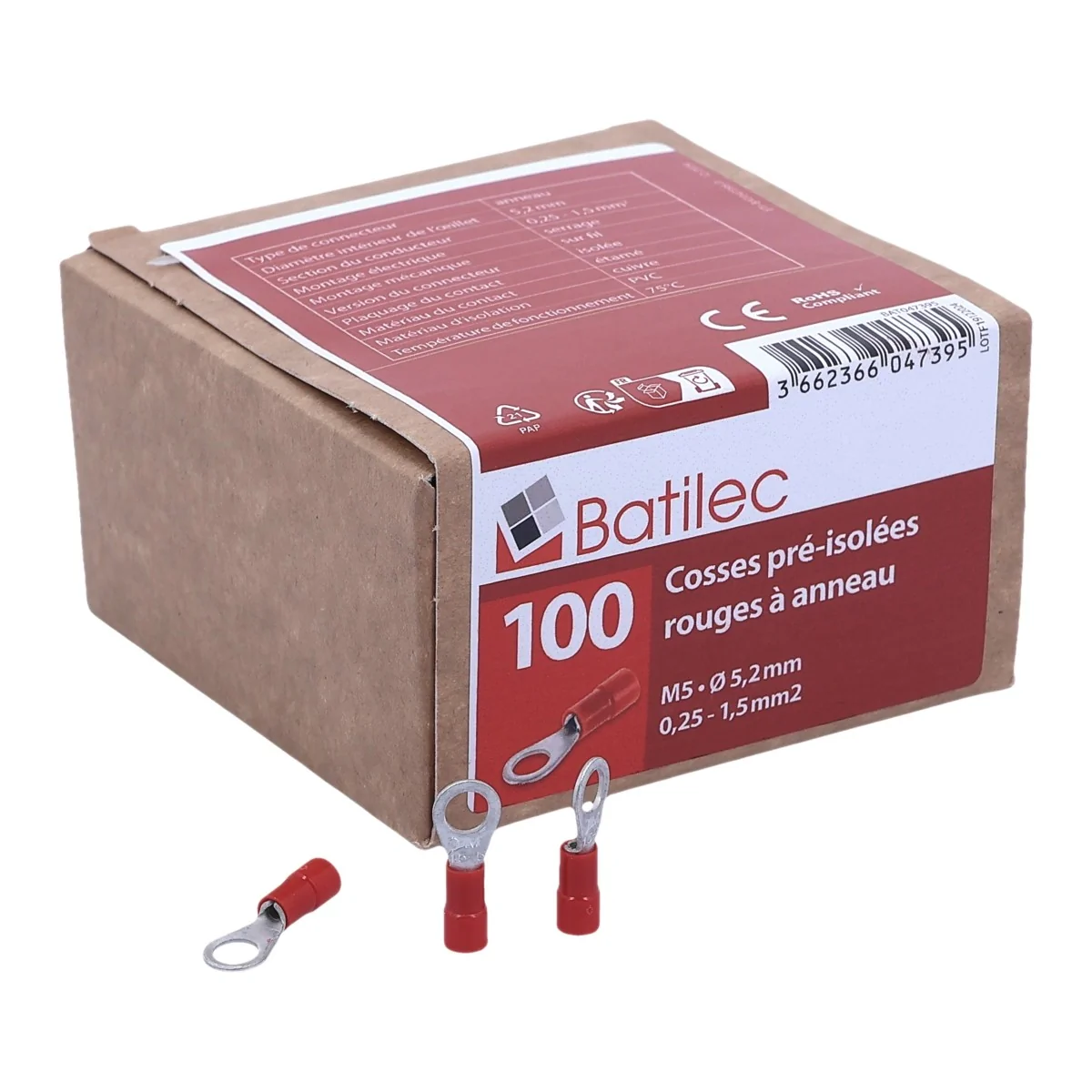 BATILEC Cosses préisolées rondes rouges 0,25 à 1,5 mm² diamètre 5 mm - Boîte de 100 - 047395
