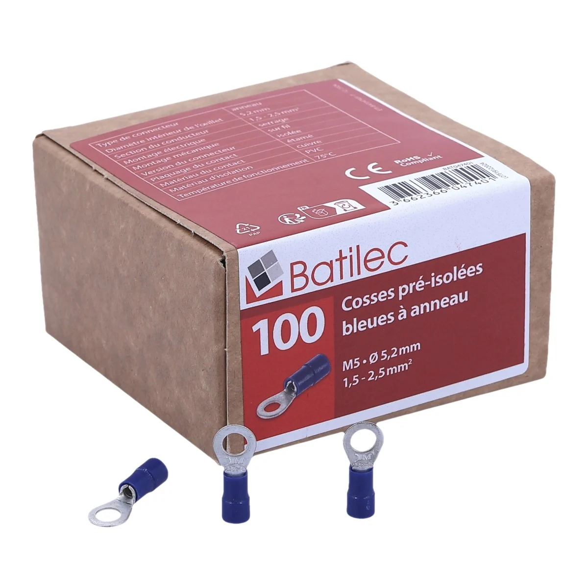 BATILEC Cosses préisolées rondes bleues 1,5 à 2,5 mm² diamètre 5 mm - Boîte de 100 - 047401