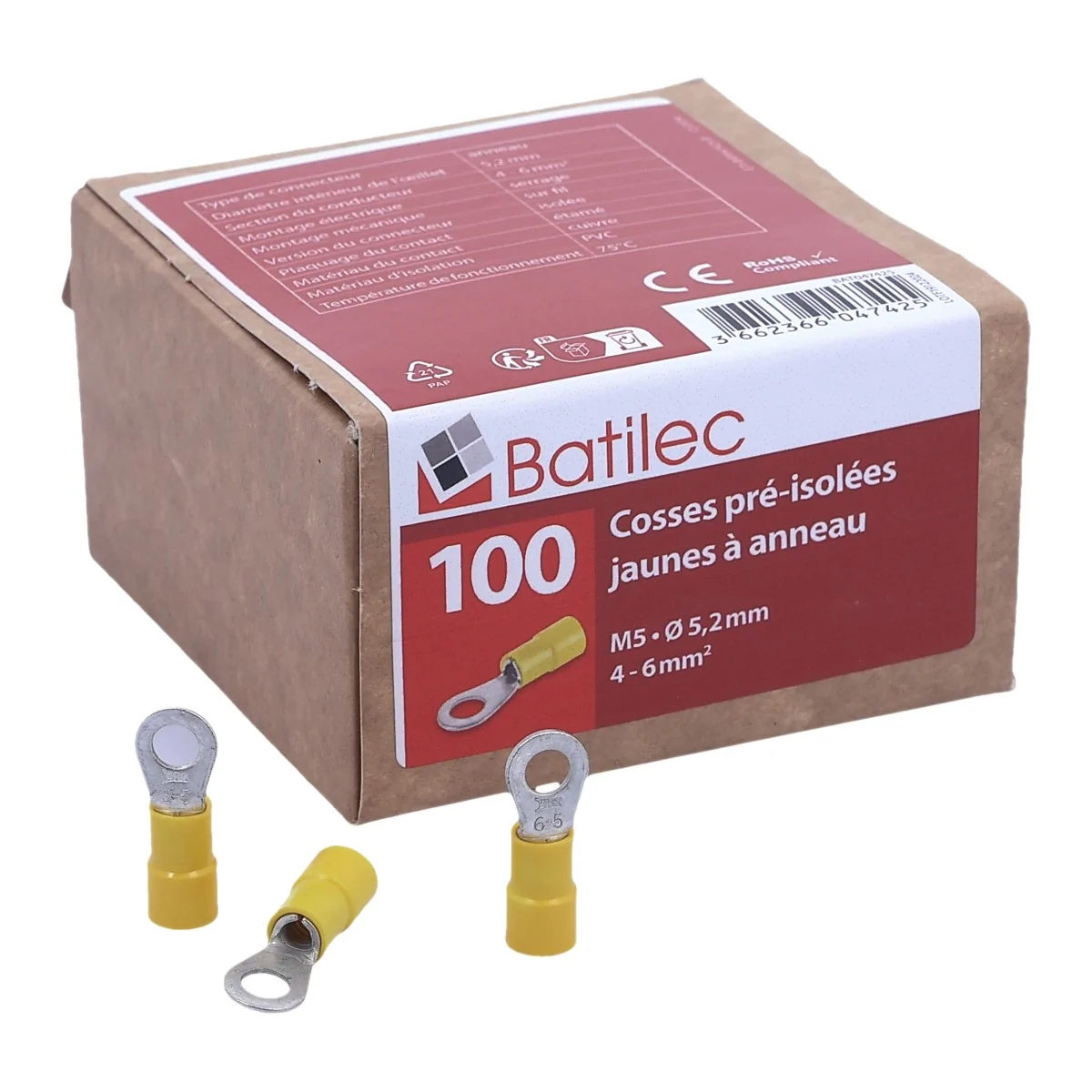 BATILEC Cosses préisolées rondes jaunes 4 à 6 mm² diamètre 5 mm - Boîte de 100 - 047425