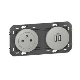 LEGRAND Dooxie Prise de courant 2P+T surface et prise USB double Type A aluminium - 600442