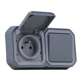 LEGRAND Plexo Interrupteur va et vient et prise de courant 2P+T encastré complet étanche gris IP55