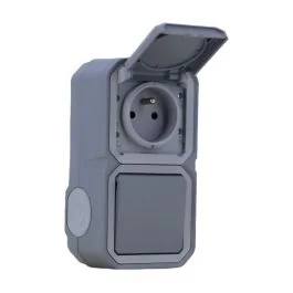 LEGRAND Plexo Interrupteur va et vient et prise de courant 2P+T vertical saillie complet étanche gris IP55