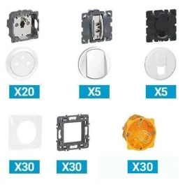 Pack composé par 123elec LEGRAND Céliane 20 prises de courant + 5 va-et-vient + 5 prises RJ45 catégories 6 avec enjoliveurs + 30 plaques simples + 30 supports + 30 boites encastrements blanc