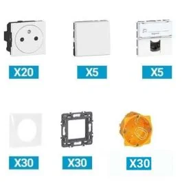 Pack composé par 123elec LEGRAND Mosaic 20 prises + 5 va-et-vient avec enjoliveurs + 5 prises RJ45 catégories 6 + 30 plaques simples + 30 supports + 30 boites encastrements blanc