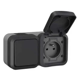 QUARX Aquapro Interrupteur va et vient + prise 2P+T horizontal étanche complet gris IP55 - 9680F