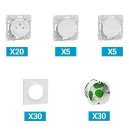 SCHNEIDER Odace ProBox 20 prises de courant + 5 interrupteurs va-et-vient + 5 prises RJ45 catégories 6 + 30 plaques simples blanc + 30 boites d'encastrements simples