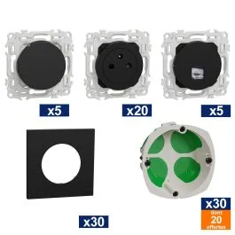 SCHNEIDER Odace ProBox 20 prises de courant + 5 interrupteurs va-et-vient + 5 prises RJ45 cat 6 + 30 plaques simples noir onyx + 30 boites d'encastrements simples dont 20 offertes