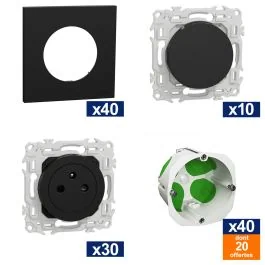 SCHNEIDER Odace ProBox 30 prises de courant + 10 interrupteurs va-et-vient + 40 plaques simples noir onyx + 40 boites d'encastrements simples dont 20 offertes