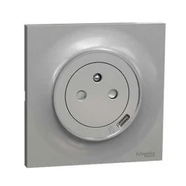SCHNEIDER Odace Prise de courant 2P+T + USB Type-C affleurante aluminium complète