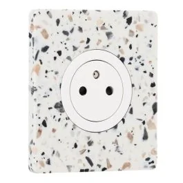 SCHNEIDER Odace Prise de courant 2P+T affleurante blanc craie et plaque simple Architecte effet terrazzo 
