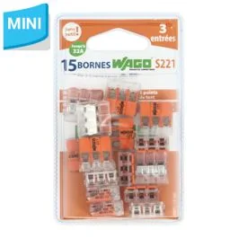WAGO S221 15 mini bornes de connexion rapide 3 entrées pour fils souples et rigides - 221-413