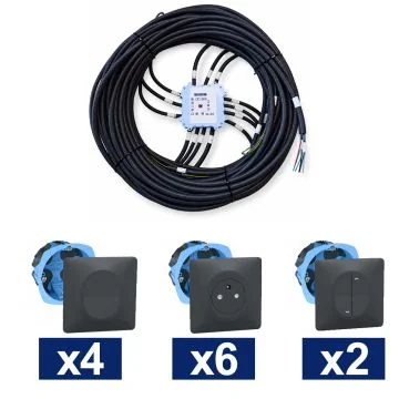 KEO Kit pieuvre électrique 2 chambres avec appareillage SCHNEIDER Ovalis anthracite - 4 interrupteurs + 6 prises 2P+T + 2 volets roulants + 2 DCL