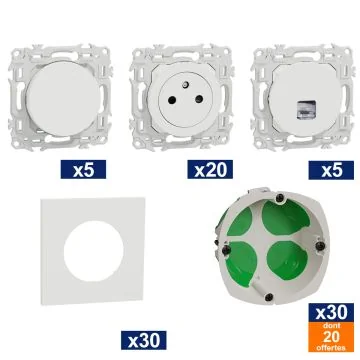SCHNEIDER Odace ProBox 20 prises de courant + 5 interrupteurs va-et-vient + 5 prises RJ45 cat 6 + 30 plaques simples blanc + 30 boites d'encastrements simples dont 20 gratuites