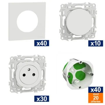 SCHNEIDER Odace ProBox 30 prises de courant + 10 interrupteurs va-et-vient + 40 plaques simples blanc + 40 boites d'encastrements simples dont 20 gratuites