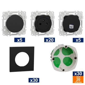 SCHNEIDER Odace ProBox 20 prises de courant + 5 interrupteurs va-et-vient + 5 prises RJ45 cat 6 + 30 plaques simples noir onyx + 30 boites d'encastrements simples dont 20 gratuites