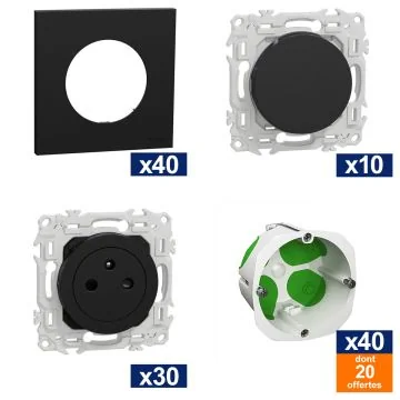 SCHNEIDER Odace ProBox 30 prises de courant + 10 interrupteurs va-et-vient + 40 plaques simples noir onyx + 40 boites d'encastrements simples dont 20 gratuites