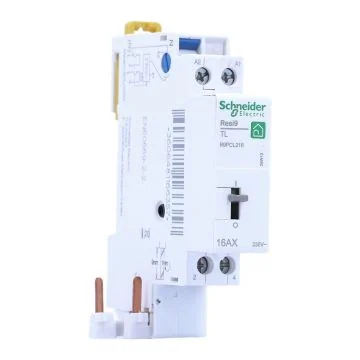 Schneider Resi9 XP télérupteur 16A 2NO monophasé, vue de trois quarts avant, face de commande et borniers visibles.