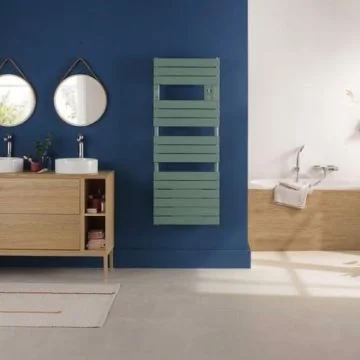 Sèche serviettes étroit THERMOR Riviera 2 500W vert eucalyptus installé dans une salle de bain