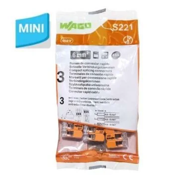 WAGO S221 3 mini bornes de connexion rapide 3 entrées fils souples et rigides 0.5 à 6mm² - 221-613