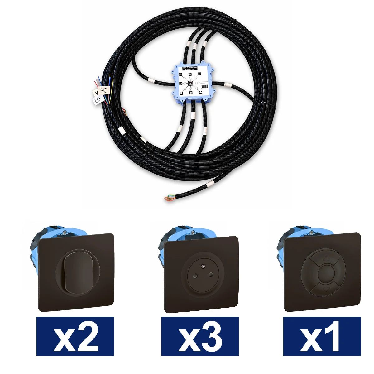KEO Kit pieuvre électrique chambre et bureau LEGRAND Céliane noir - 2 inter. + 3 prises 2P+T + 1 VR ou convecteur + 1 DCL