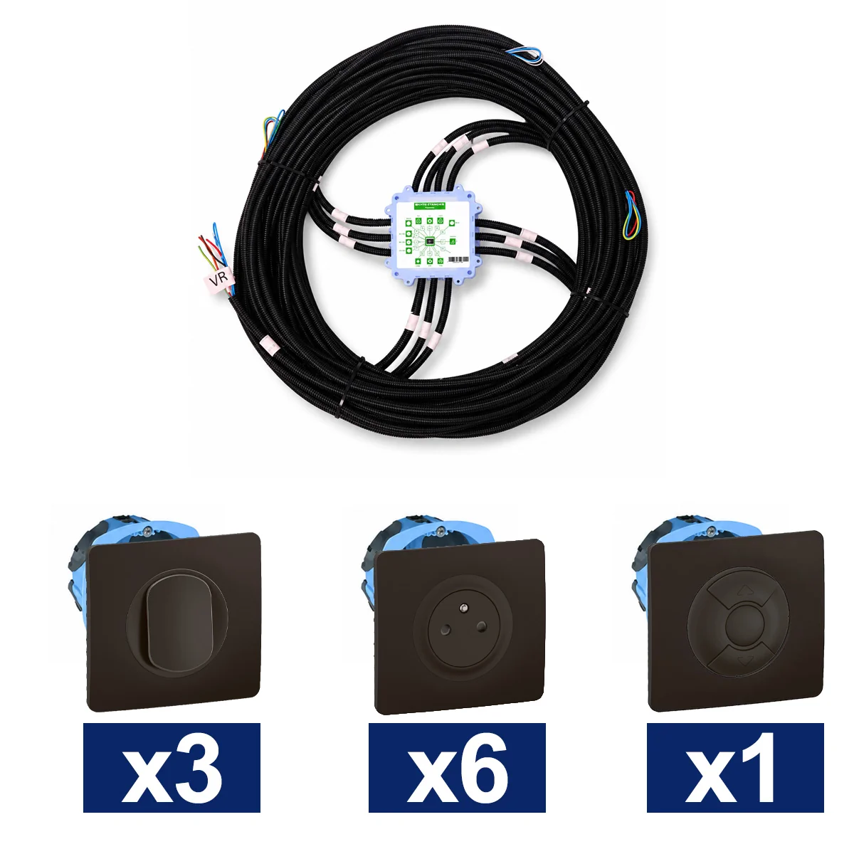 KEO Kit pieuvre électrique cuisine avec appareillage LEGRAND Céliane noir - 3 interrupteurs + 6 prises 2P+T + 1 volet roulant + 2 DCL