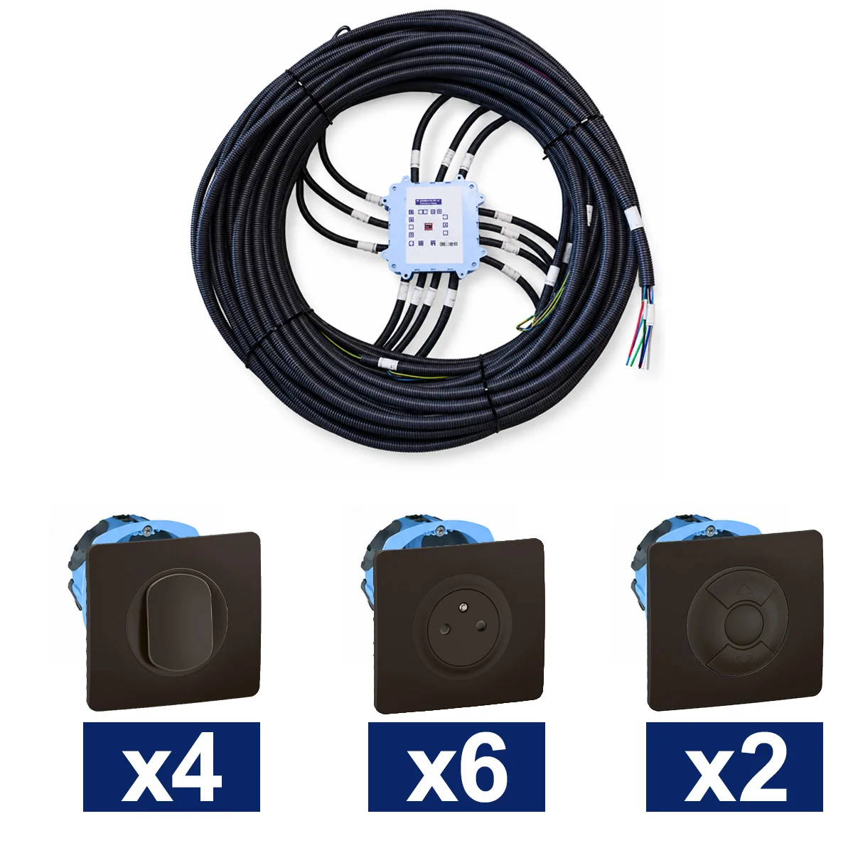 KEO Kit pieuvre électrique 2 chambres avec appareillage LEGRAND Céliane noir - 4 interrupteurs + 6 prises 2P+T + 2  volet roulant + 2 DCL