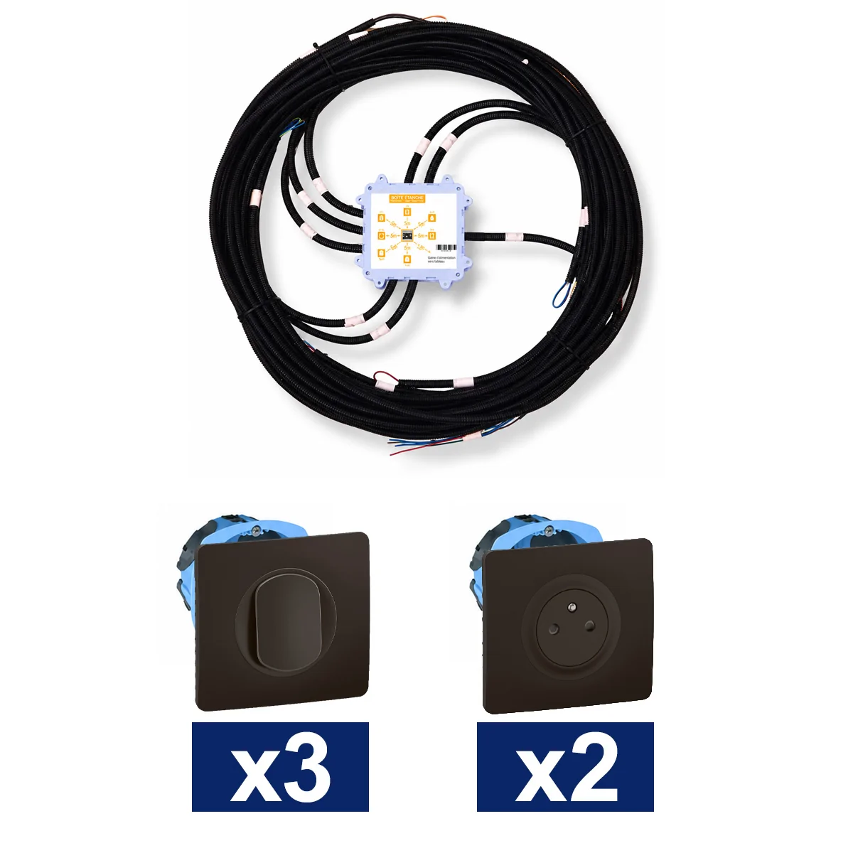 KEO Kit pieuvre électrique dégagement, WC et cellier avec appareillage LEGRAND Céliane noir - 3 interrupteurs + 2 prises 2P+T + 2 DCL