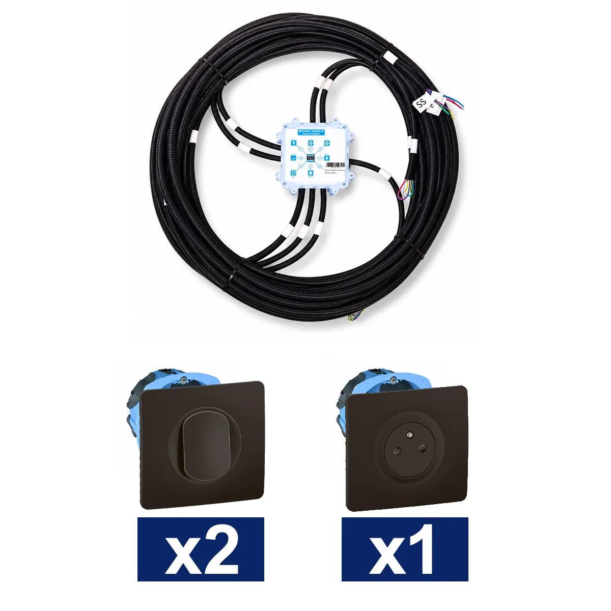 KEO Kit pieuvre électrique salle de bain avec appareillage LEGRAND Céliane noir - 2 interrupteurs + 1 prise 2P+T + 1 sortie de câble + 2 DCL