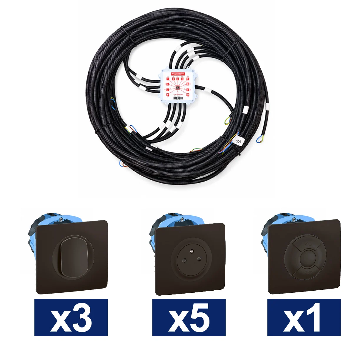 KEO Kit pieuvre électrique salon et séjour LEGRAND Céliane noir - 3 inter. + 5 prises 2P+T + 1 VR ou convecteur + 2 DCL