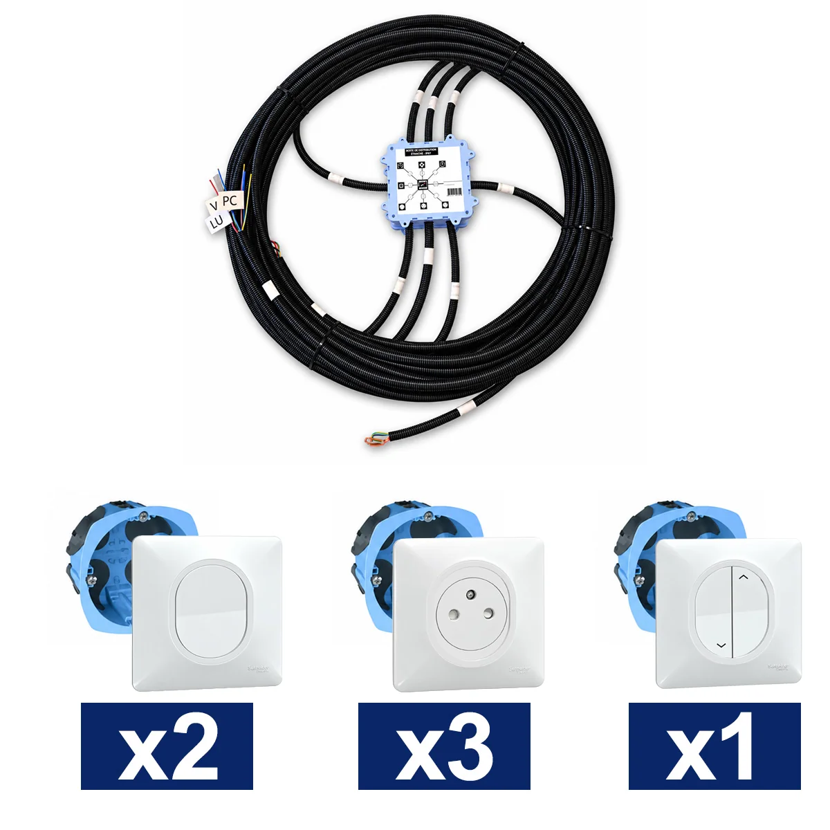 KEO Kit pieuvre électrique chambre et bureau SCHNEIDER Ovalis blanc - 2 inter. + 3 prises 2P+T + 1 VR ou convecteur + 1 DCL