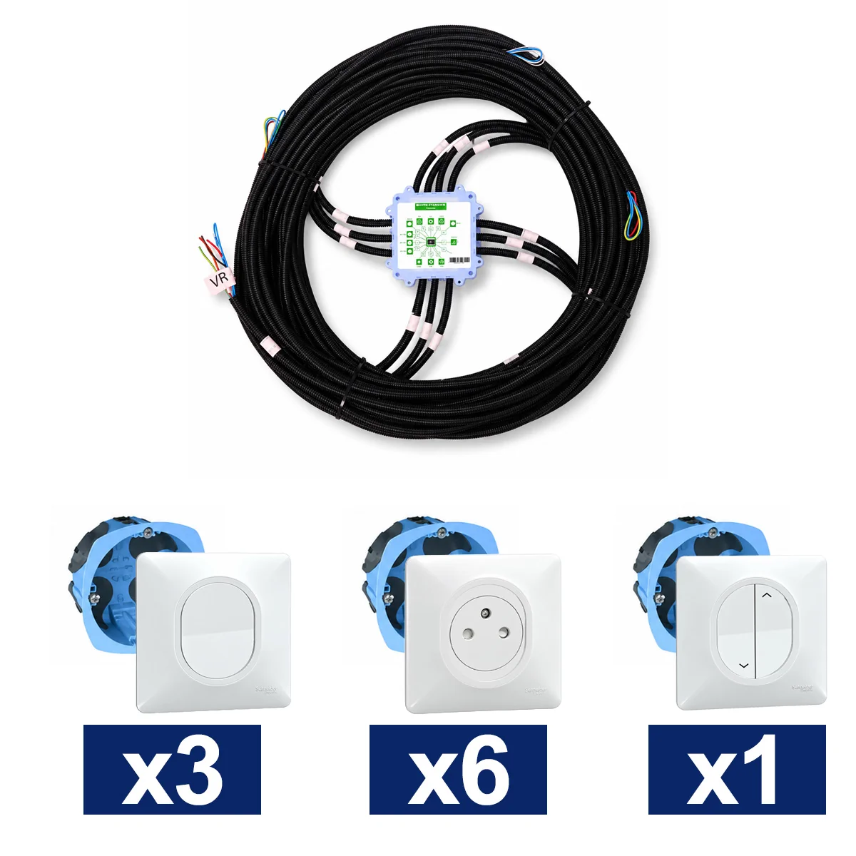 KEO Kit pieuvre électrique cuisine avec appareillage SCHNEIDER Ovalis blanc - 3 interrupteurs + 6 prises 2P+T + 1 volet roulant + 2 DCL