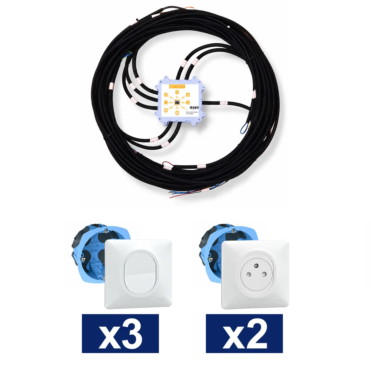 KEO Kit pieuvre électrique dégagement, WC et cellier avec appareillage SCHNEIDER Ovalis blanc - 3 interrupteurs + 2 prises 2P+T + 2 DCL