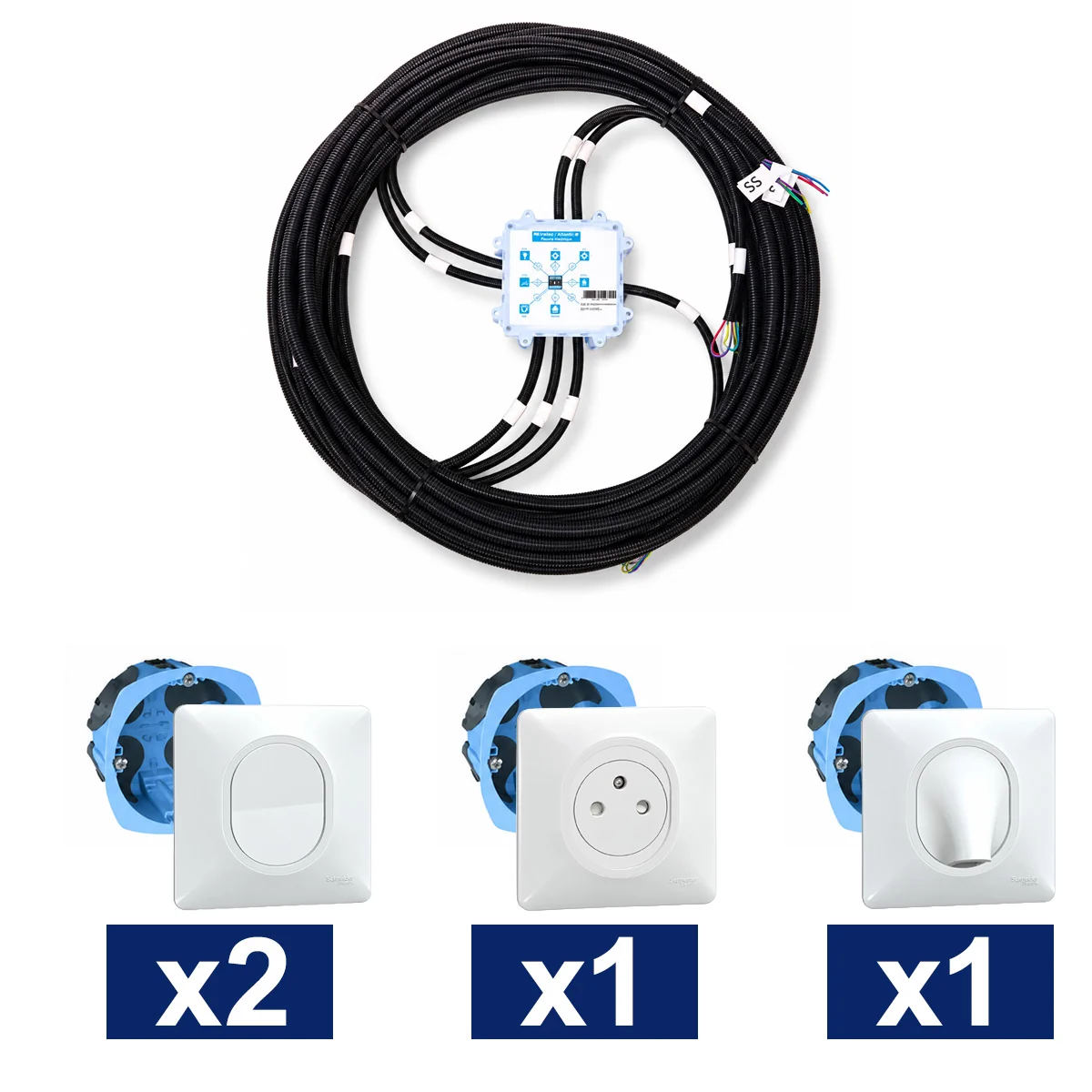 KEO Kit pieuvre électrique salle de bain avec appareillage SCHNEIDER Ovalis blanc - 2 interrupteurs + 1 prise 2P+T + 1 sortie de câble + 2 DCL