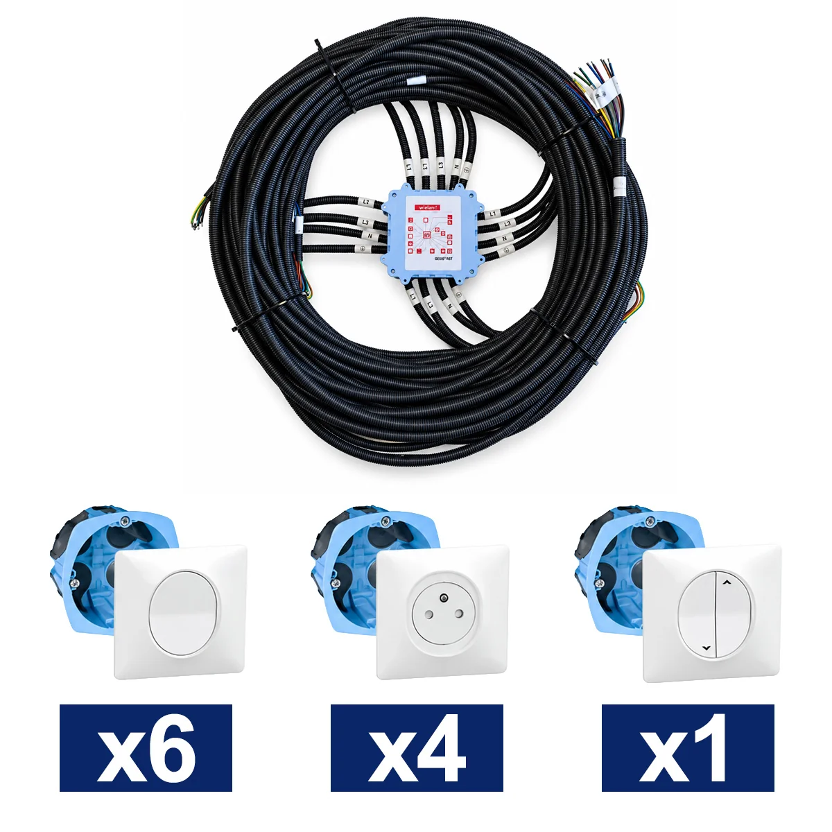 KEO Kit pieuvre électrique suite parentale SCHNEIDER Ovalis blanc - 6 inter. + 4 prises 2P+T + 1 VR + 4 DCL + 2 sorties de câble