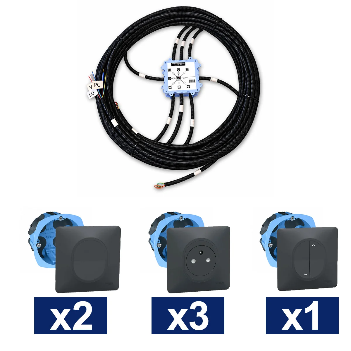 KEO Kit pieuvre électrique chambre et bureau SCHNEIDER Ovalis anthracite - 2 inter. + 3 prises 2P+T + 1 VR ou convecteur + 1 DCL