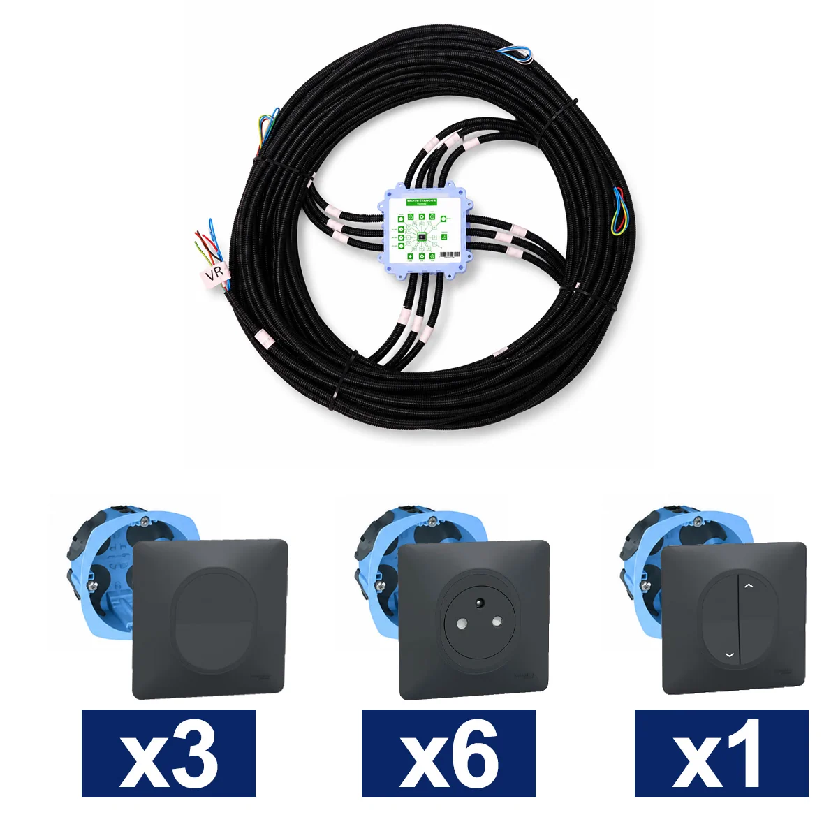 KEO Kit pieuvre électrique cuisine avec appareillage SCHNEIDER Ovalis anthracite - 3 interrupteurs + 6 prises 2P+T + 1 volet roulant + 2 DCL