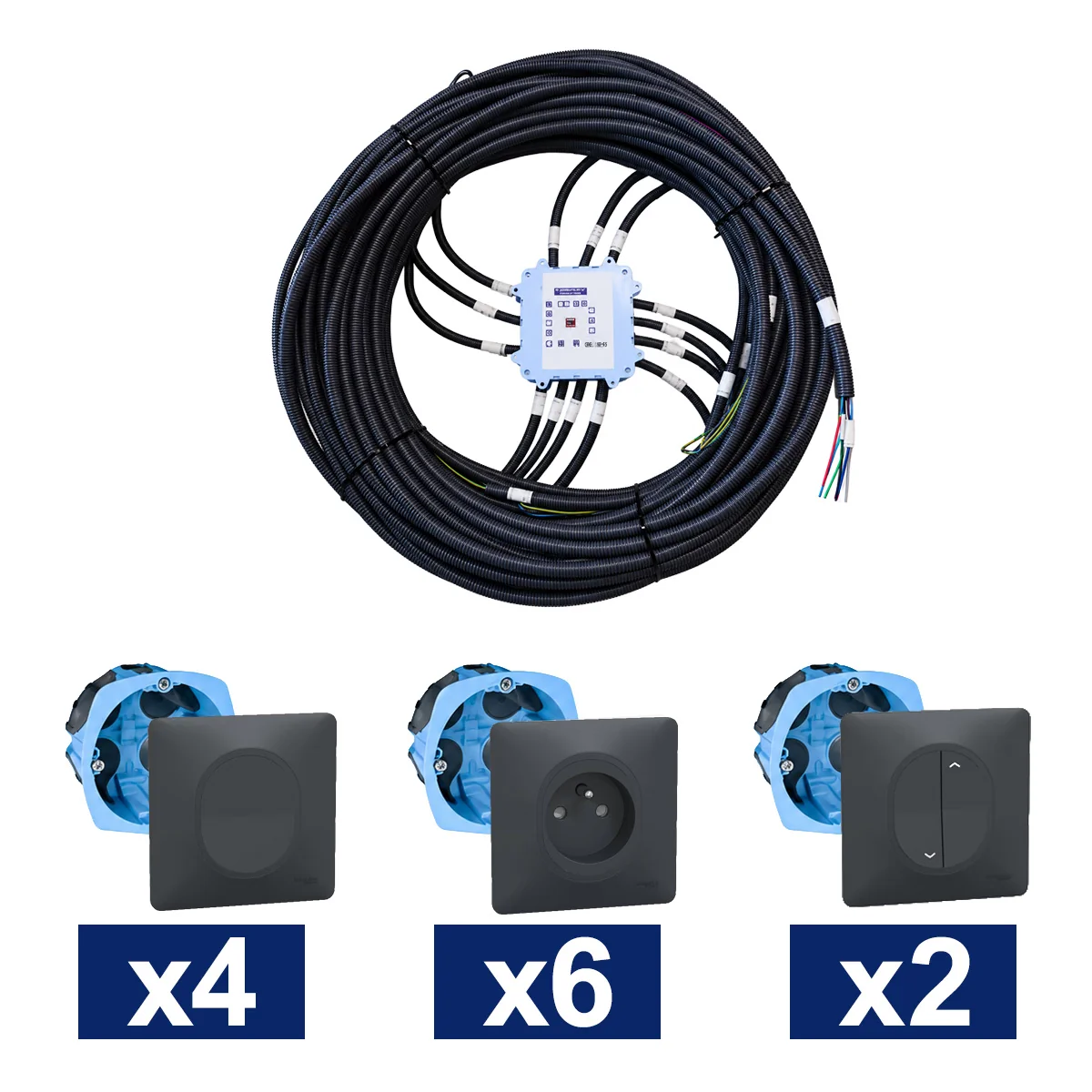 KEO Kit pieuvre électrique 2 chambres avec appareillage SCHNEIDER Ovalis anthracite - 4 interrupteurs + 6 prises 2P+T + 2 volets roulants + 2 DCL